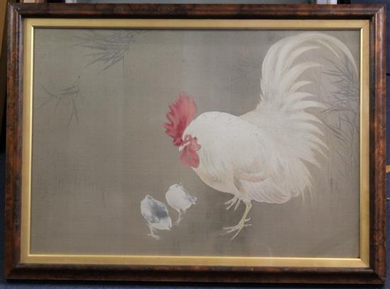 Japanese School Cockerel and two chicks, 19.5 x 28in.